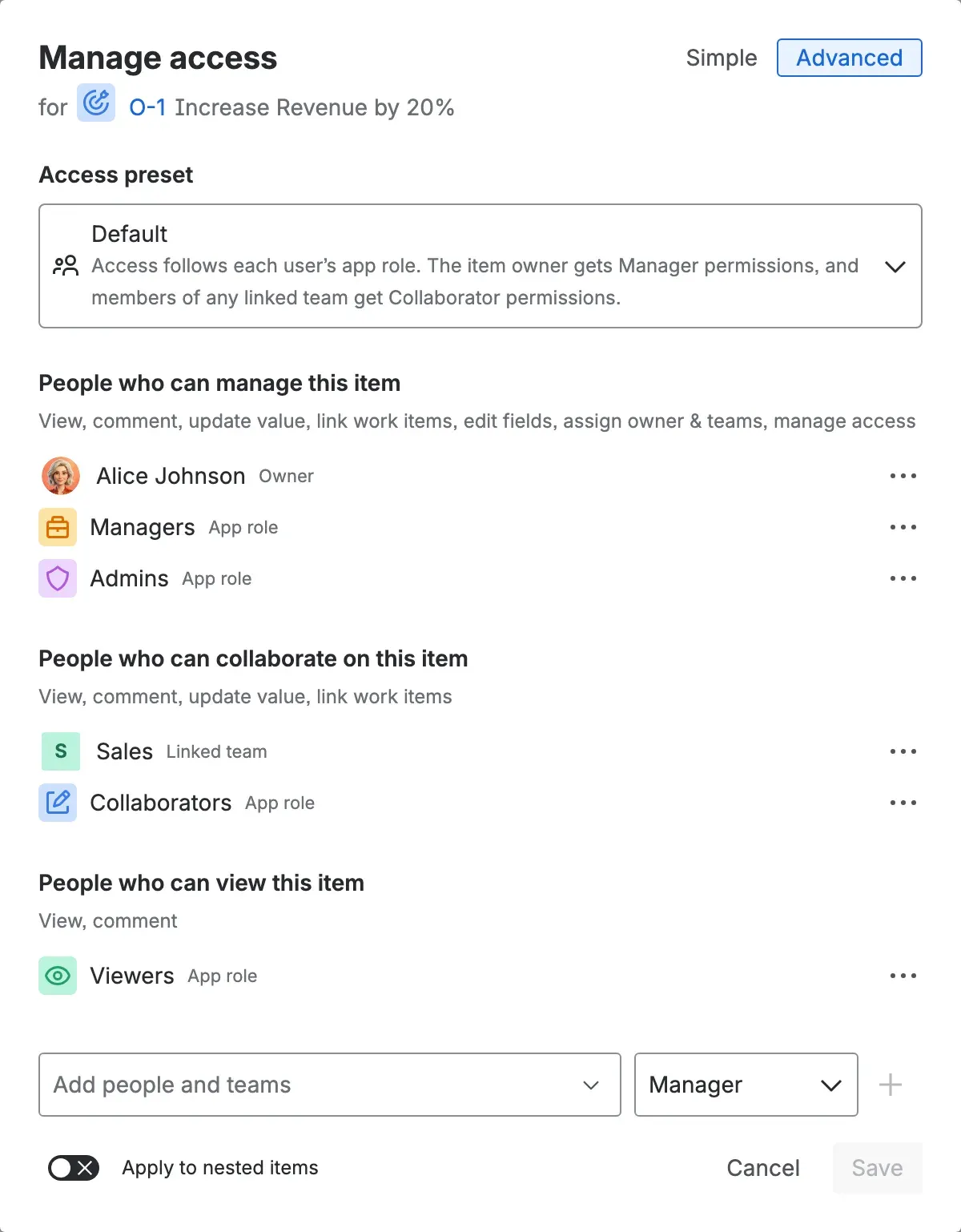 The Manage access dialog's Advanced view, showing the Default access preset above the people and teams who can manage or view the Item