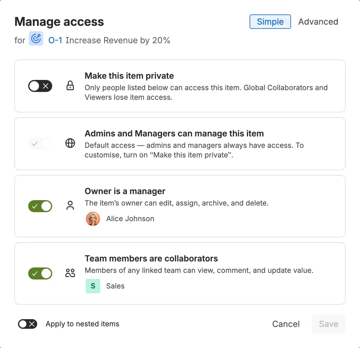 The Manage access dialog's Simple view, with the Make this item private switch above the Owner and Team auto-grant switches
