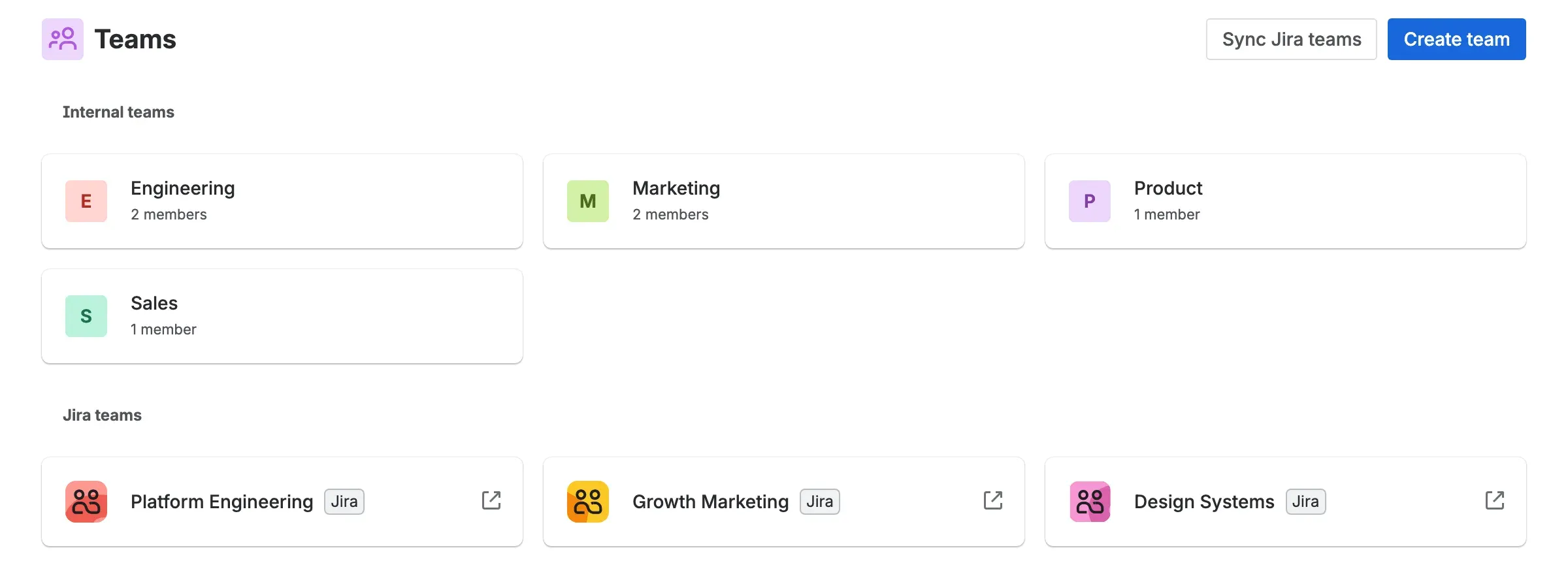 The Settings Teams screen with an Internal teams group above a Jira teams group—internal Teams showing an avatar and member count, Jira Teams showing an avatar and a Jira badge