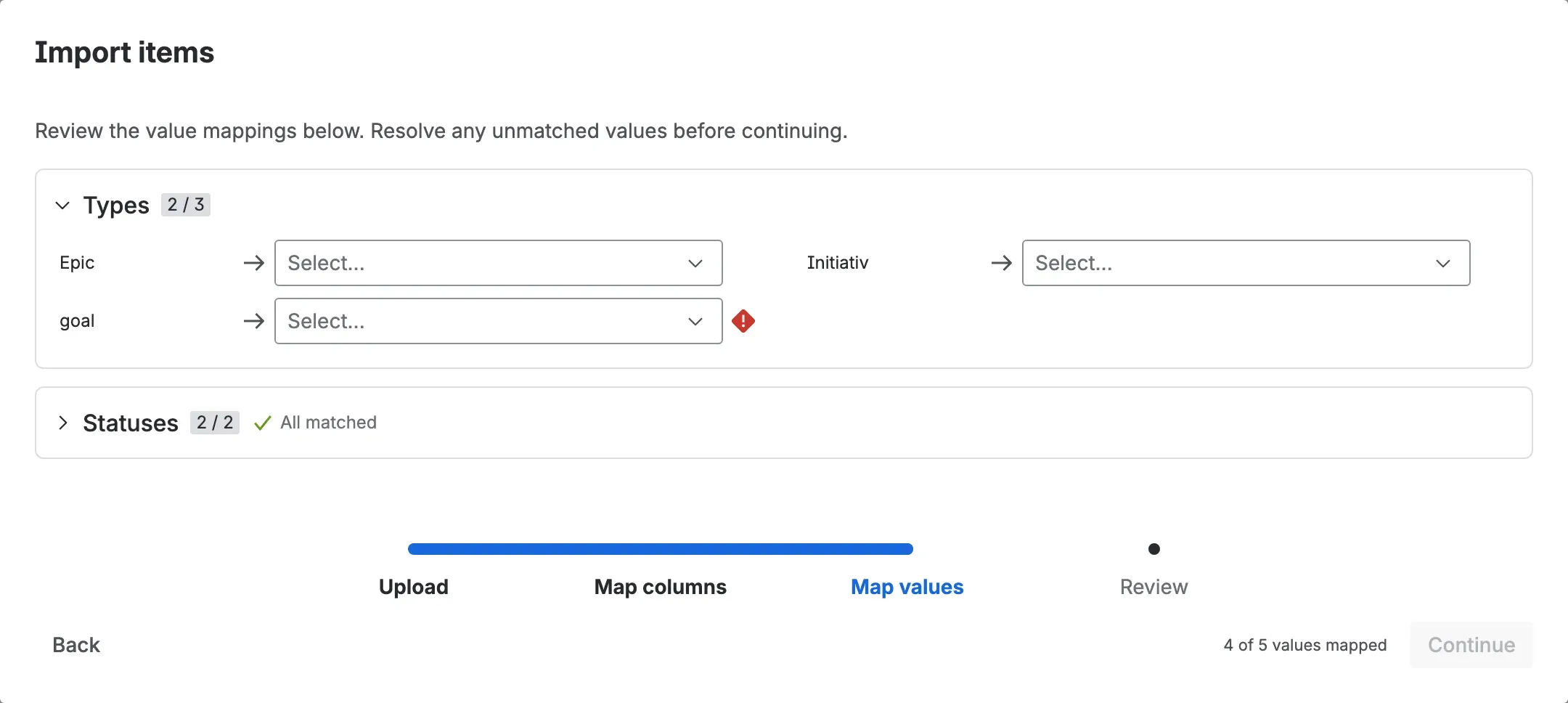 The map values step with the Types and Statuses groups fully matched, above an Owners group where three names are flagged to be picked from a list