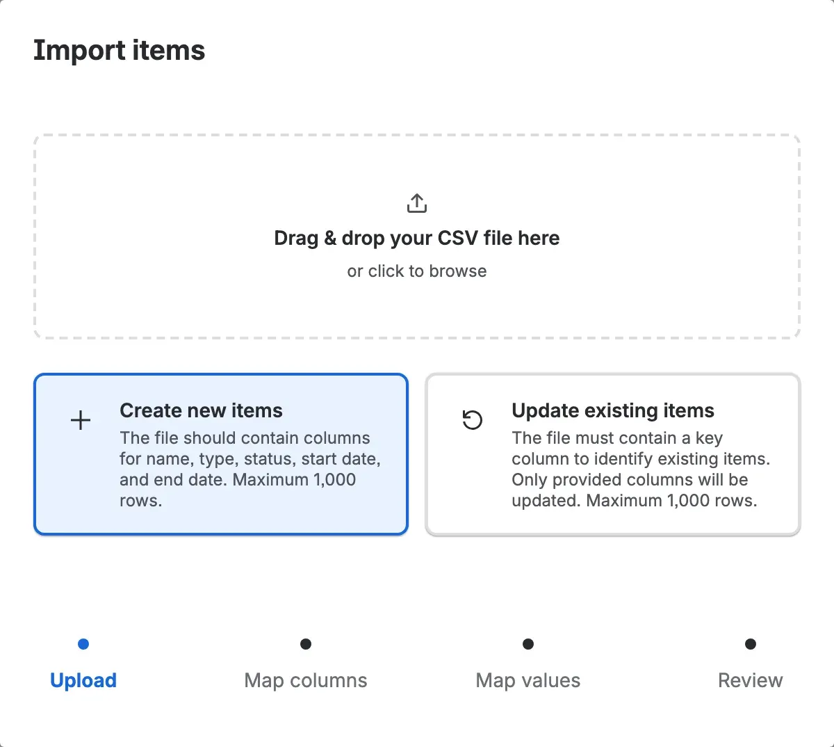 The Import items wizard on the upload step, with a drag-and-drop area above the Create new items and Update existing items mode cards