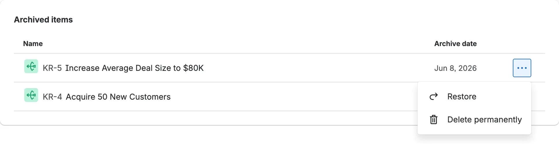 The archived items list under Settings → Data, with a row's Actions menu open showing Restore and Delete permanently