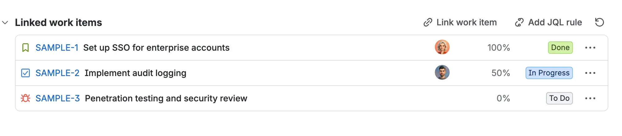 The Linked work items section of an item, listing linked Jira work items with their key, summary, progress and status.