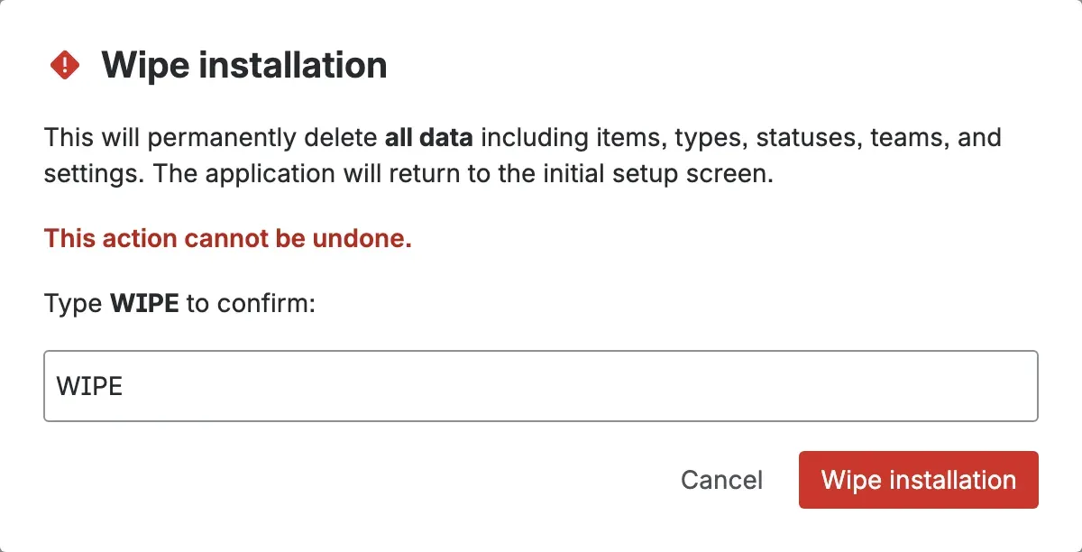 The Wipe installation dialog warning that all data will be permanently deleted, with a field to type WIPE to confirm