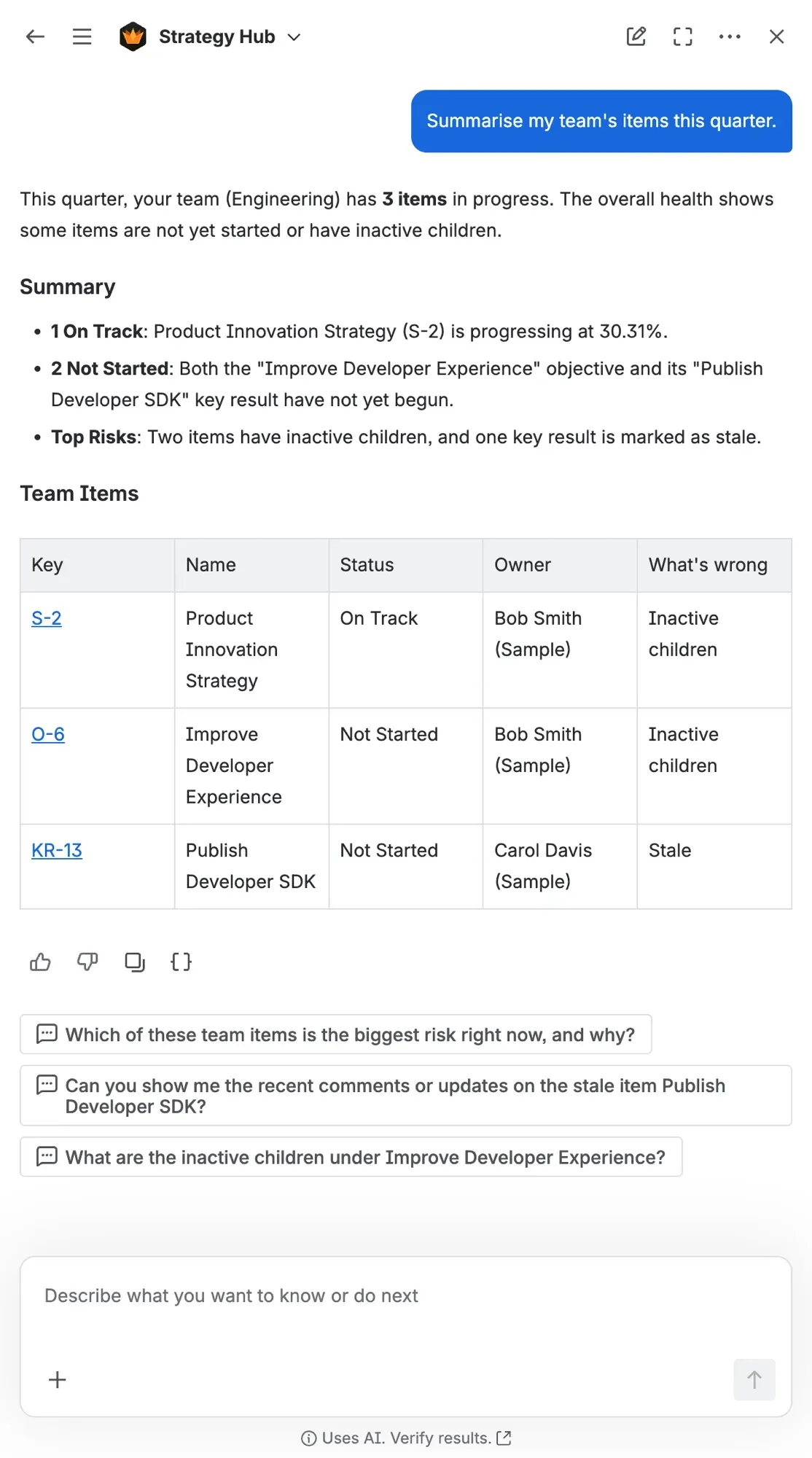 The Rovo chat panel with the Strategy Hub agent summarizing a team's items for the quarter, with suggested follow-up questions below.