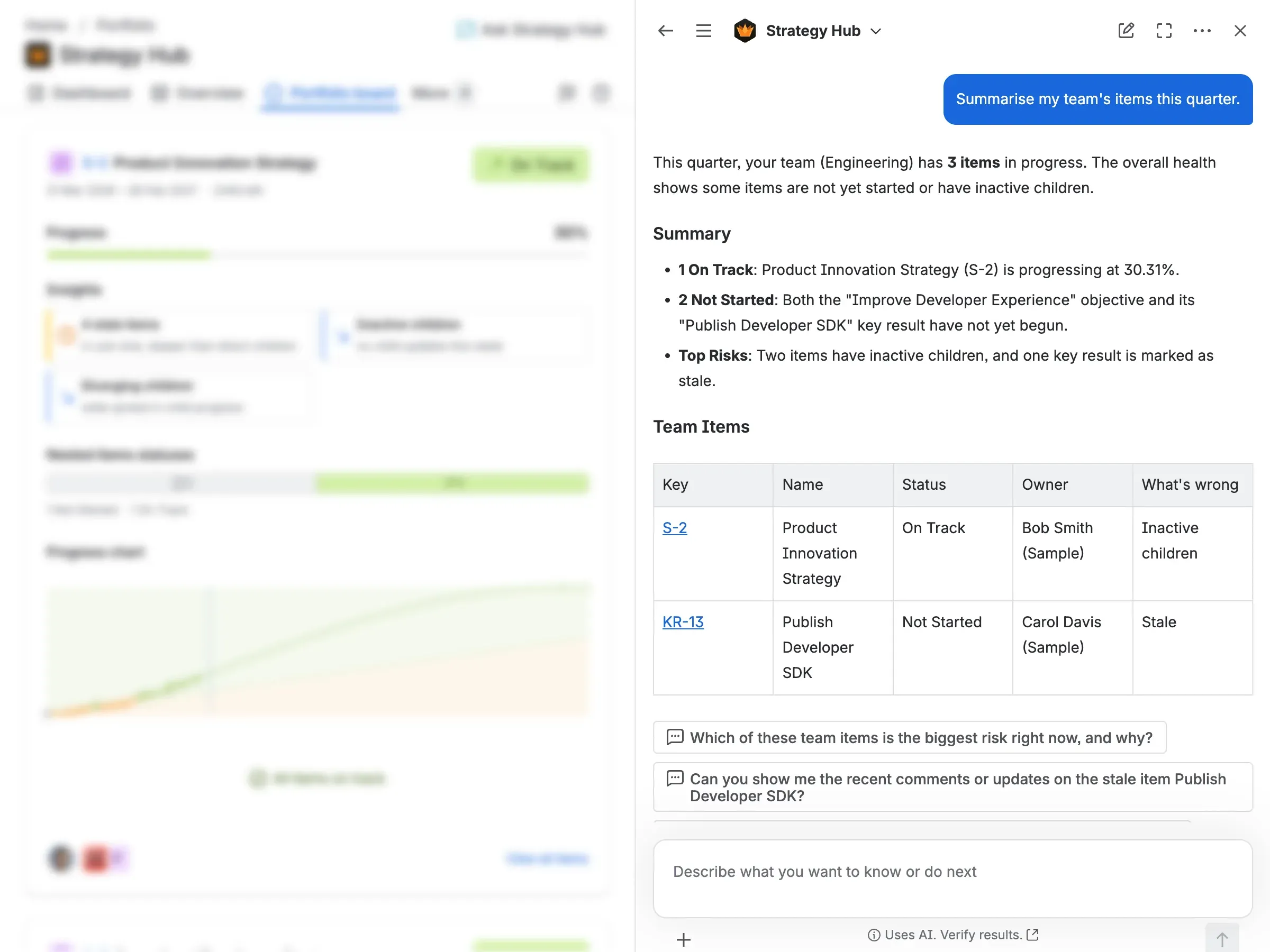 The Strategy Hub agent in Atlassian Rovo, inside Jira, answering "Summarise my team's items this quarter" — a plain-language summary of what's on track and not started, the top risks, and a table of team items linking back to their Jira work.